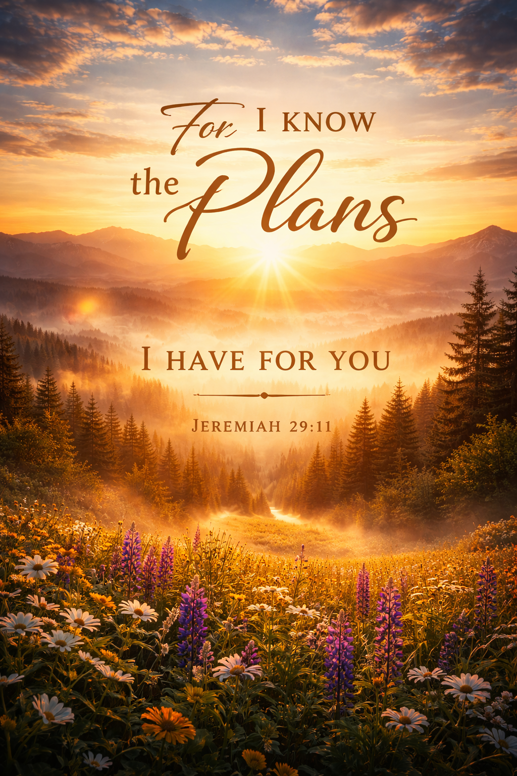 Wildflower meadow in foreground with purple lupins and white daisies, warm golden sunrise over misty forested mountains, text "For I know the Plans I have for you -- Jeremiah 29:11" in elegant script -- HD bible verse wallpaper